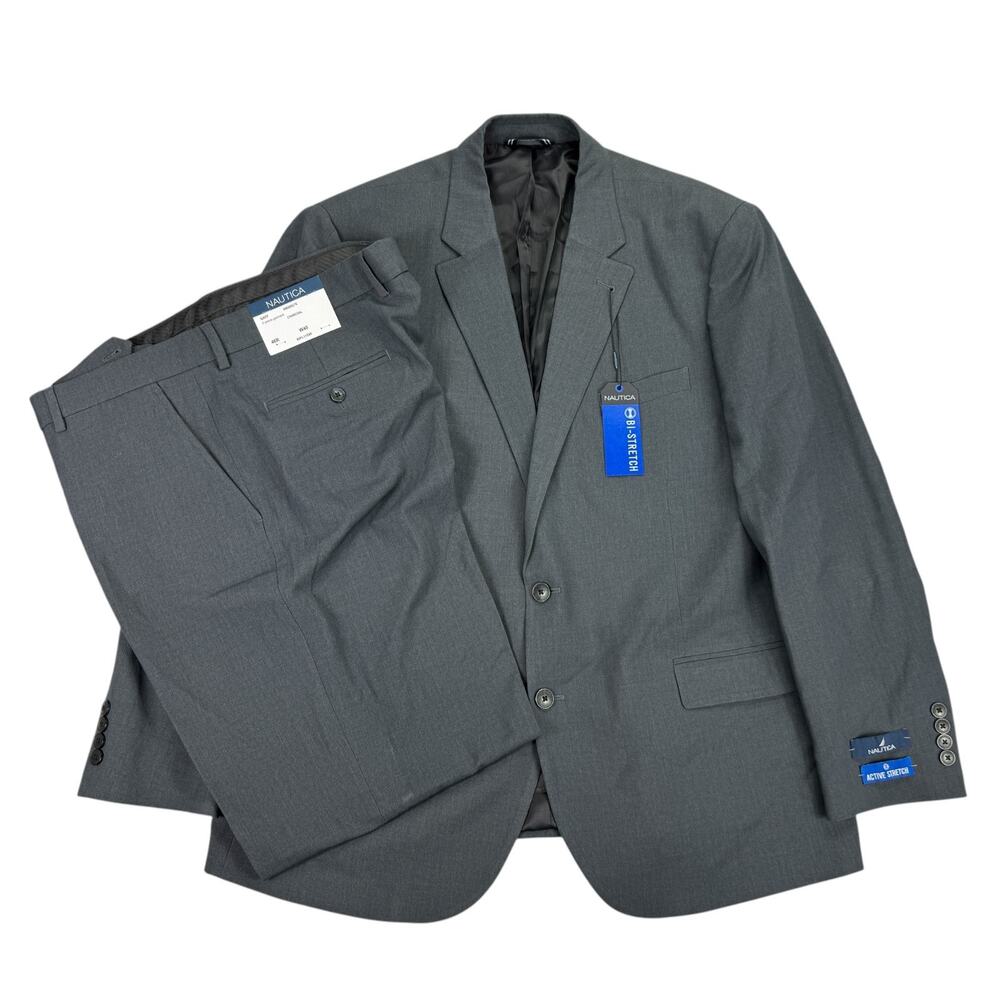 Nautica Mens 2-Piece Modern Fit Bi-Stretch Suit Charcoal 46R 40W